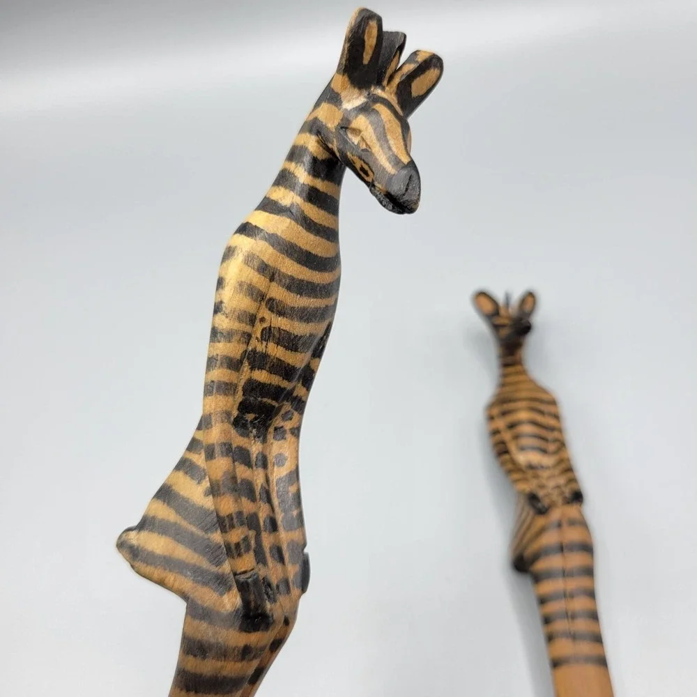 Hand Carved Wooden Sitting Zebra Salad Server Set Spoon & Fork